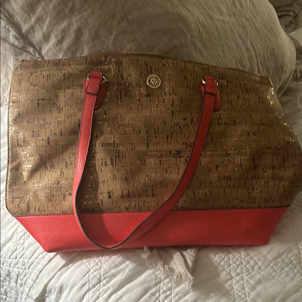 Anne Klein Tan and Red Structured Tote Bag